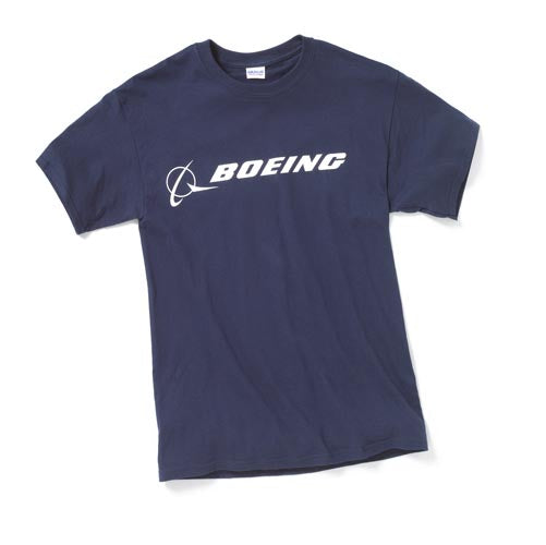 Product image of the t-shirt in a blue dusk color with white Boeing logo across the chest.