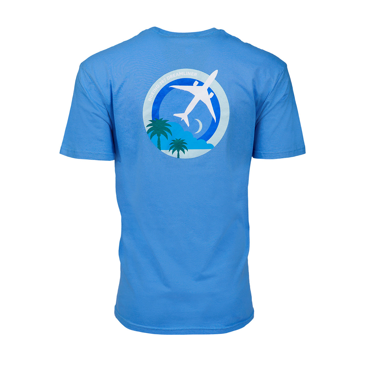 Full product image of the back side of the t-shirt in blue color.  Showing the Skyward graphic of the Boeing 787 Dreamliner.