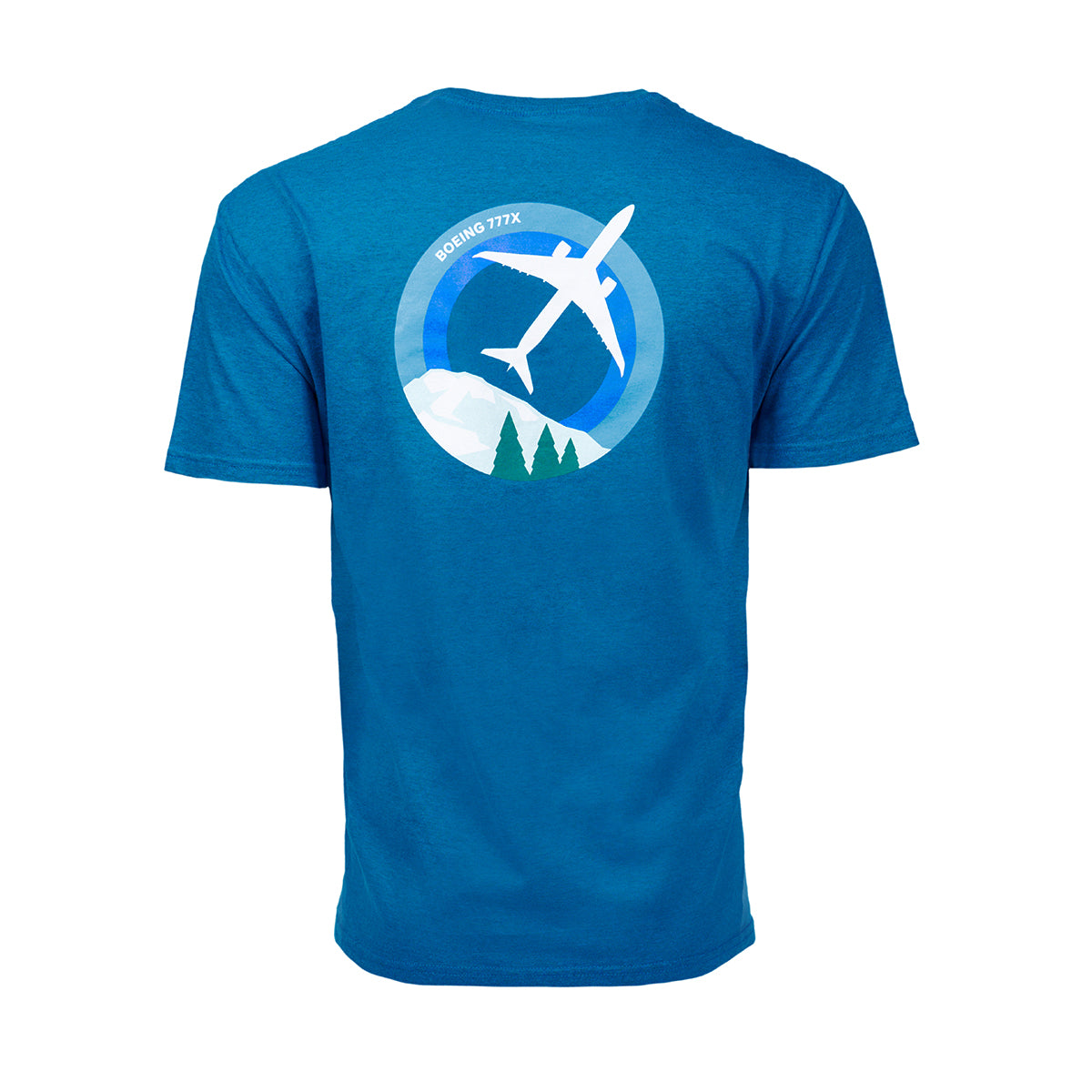 Full product image of the back side of the t-shirt in blue color.  Showing the Skyward graphic of the Boeing 777X.