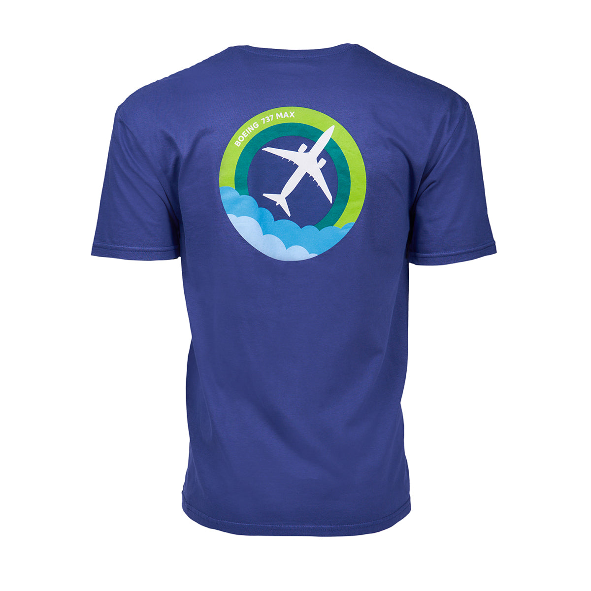 Full product image of the back side of the t-shirt in blue color.  Showing the Skyward graphic of the Boeing 737 MAX.
