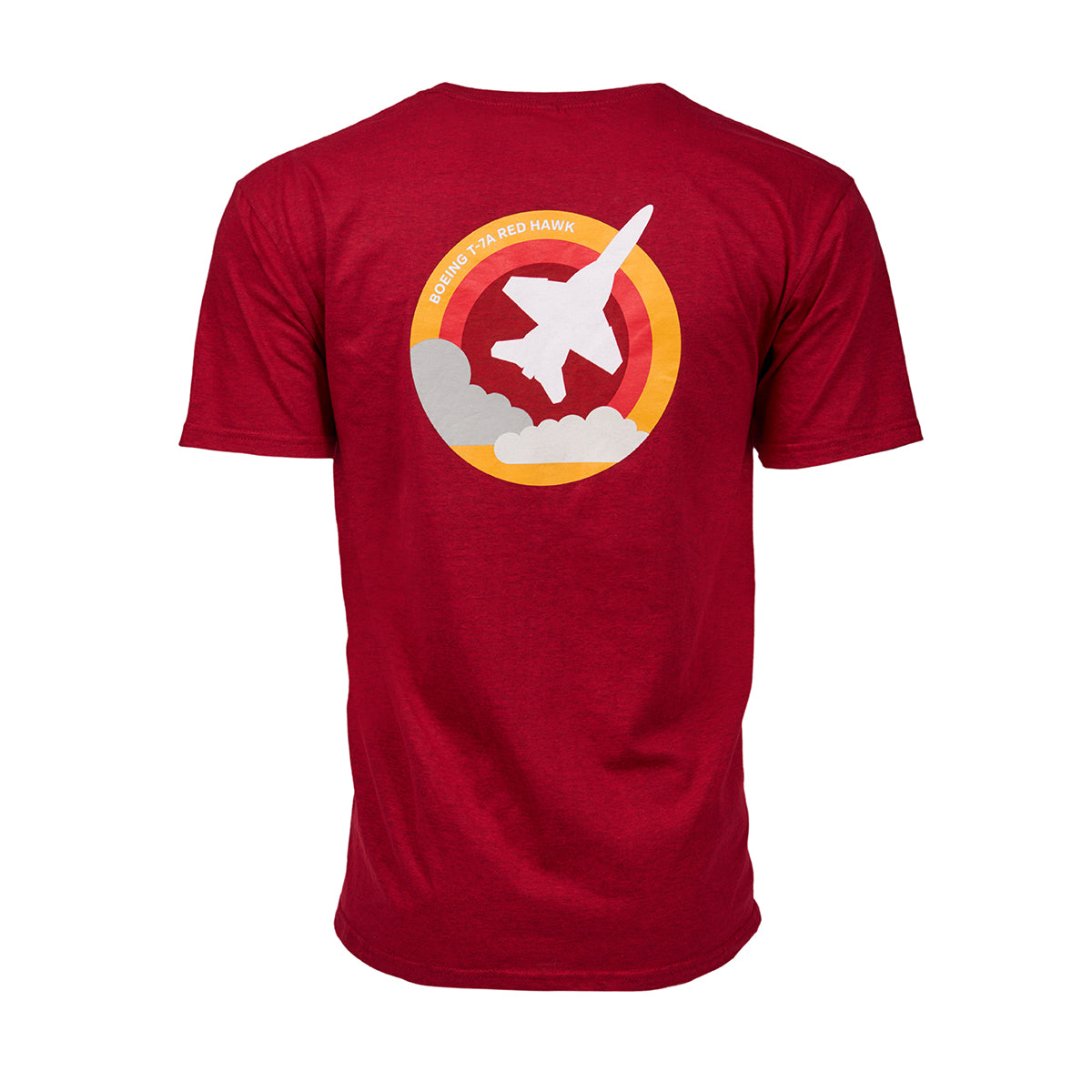 Full product image of the back side of the t-shirt in a red color.  Showing the Skyward graphic of the Boeing T-7A Red Hawk.