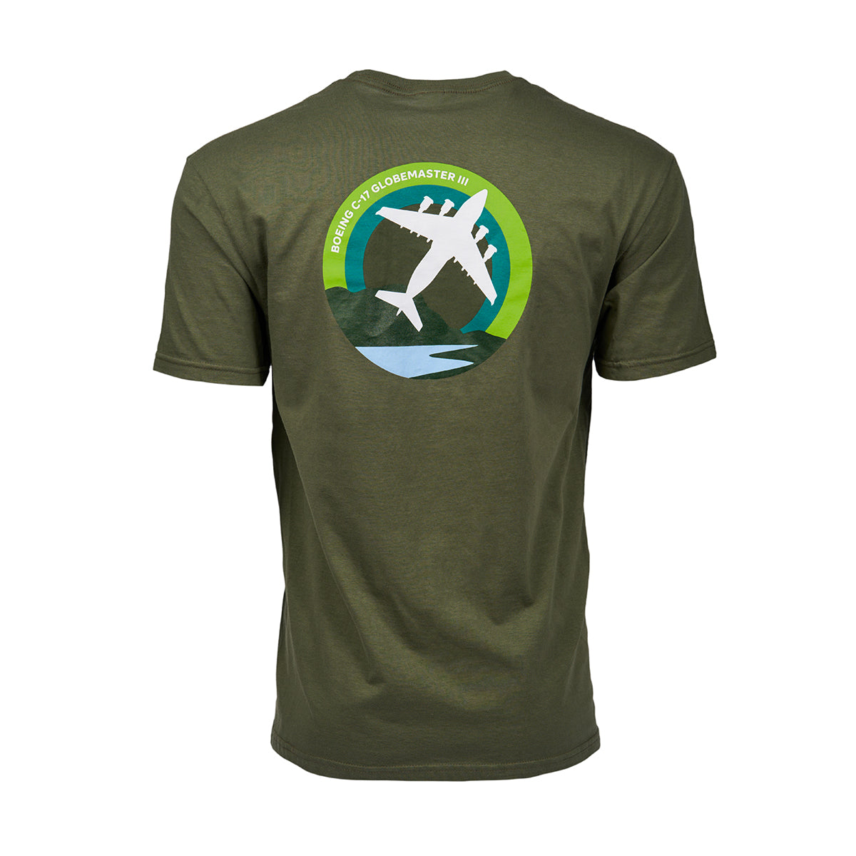 Full product image of the back side of the t-shirt in a green color.  Showing the Skyward graphic of the Boeing C-17 Globemaster.