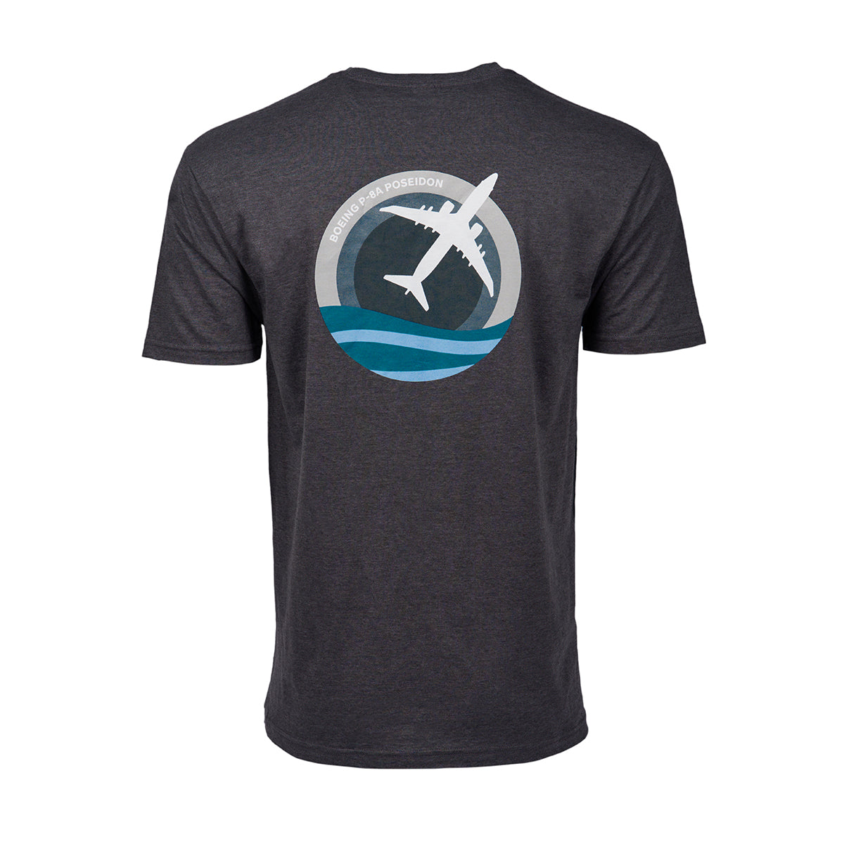 Full product image of the back side of the t-shirt in a heather grey color.  Showing the Skyward graphic of the Boeing P-8 Poseidon.