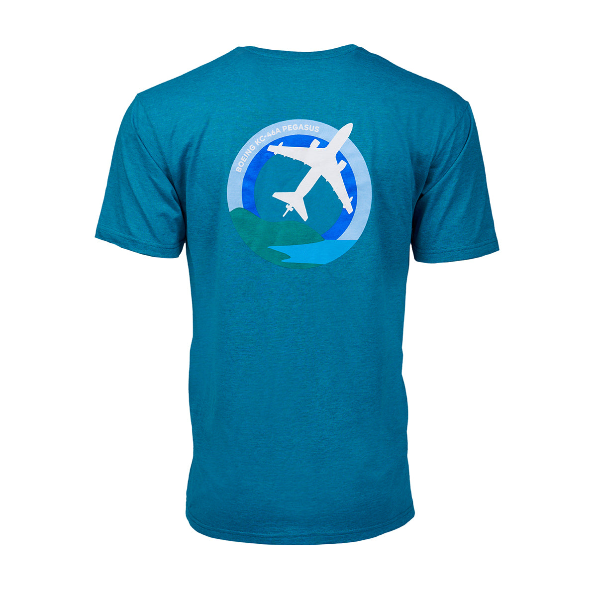 Full product image of the back side of the t-shirt in a light heather blue color.  Showing the Skyward graphic of the Boeing KC-46 Pegasus.