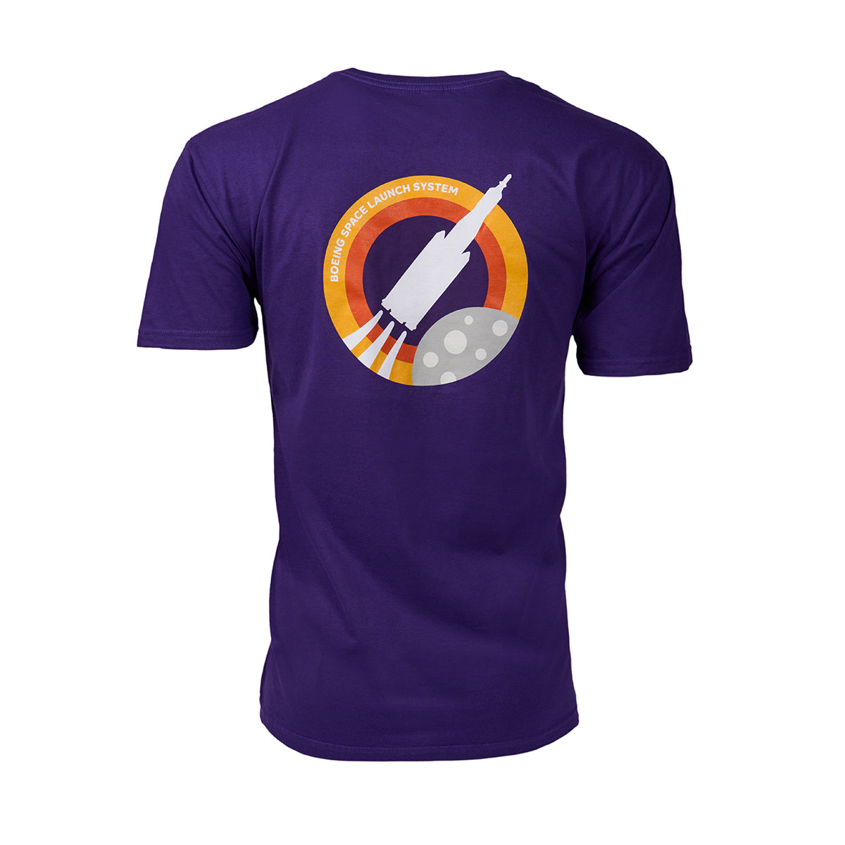 Full product image of the back side of the t-shirt in a purple color.  Showing the Skyward graphic of the Boeing Space Launch System.