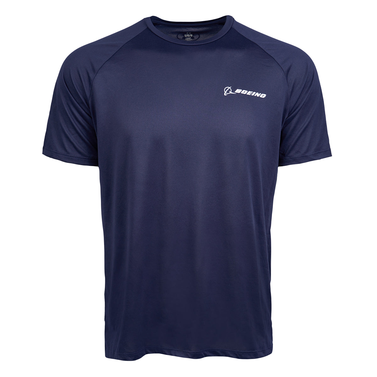 Full product image of the shirt in navy color.  White Boeing logo printed on left chest.