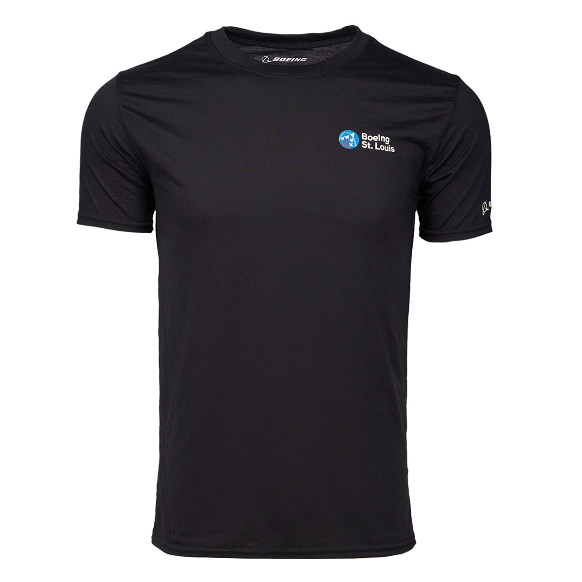 Product image of the t-shirt in black.  Boeing St. Louis logo on left chest.  White Boeing logo on left arm. 