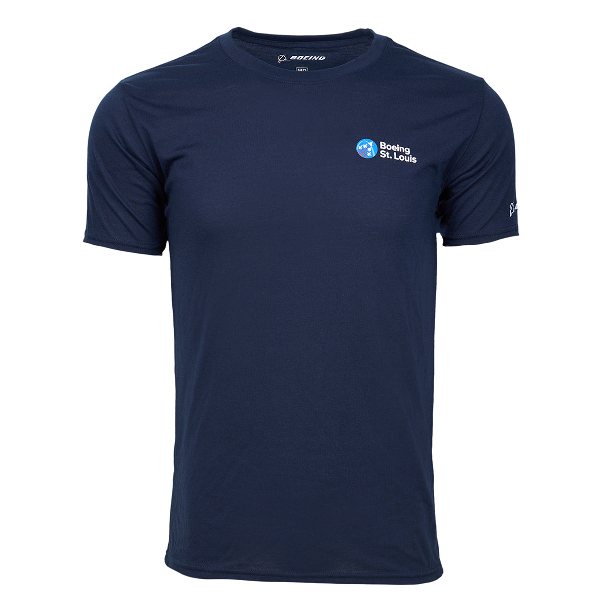 Product image of the t-shirt in navy.  Boeing St. Louis logo on left chest.  White Boeing logo on left arm. 