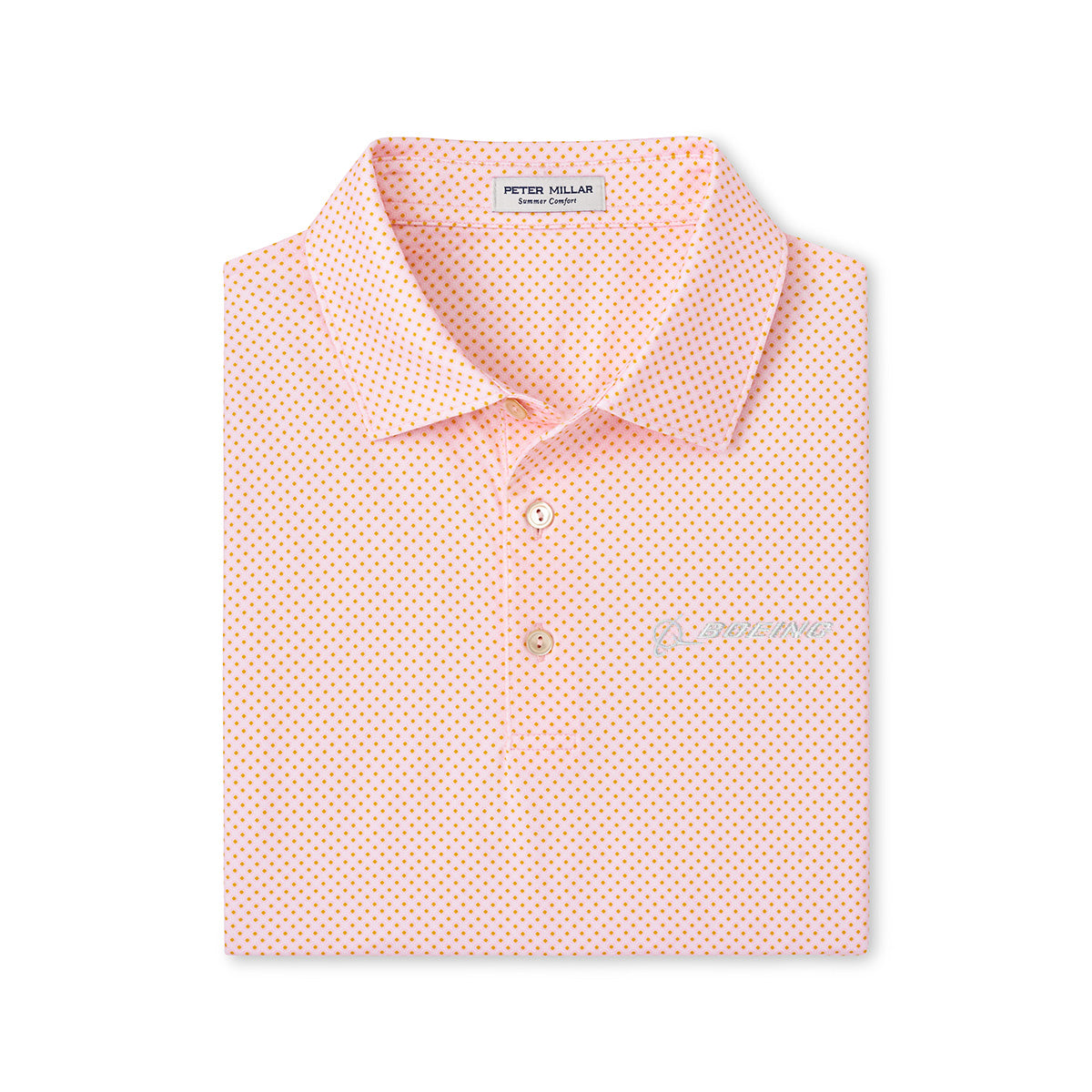 Product image of the polo in pink color, folded in a square shape showing the front.  White Boeing signature logo on the left chest.  Featuring 3 buttons.