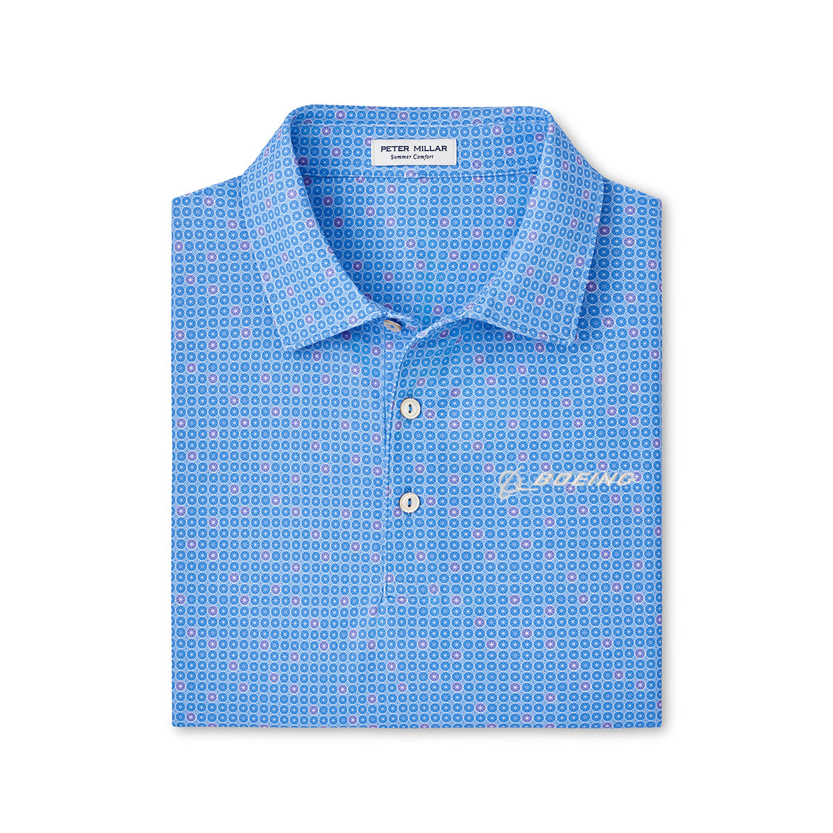 Product image of the polo in a liberty blue color.  Folded in a square shape showing the front.  White Boeing signature logo on left chest.  Featuring 3 buttons.