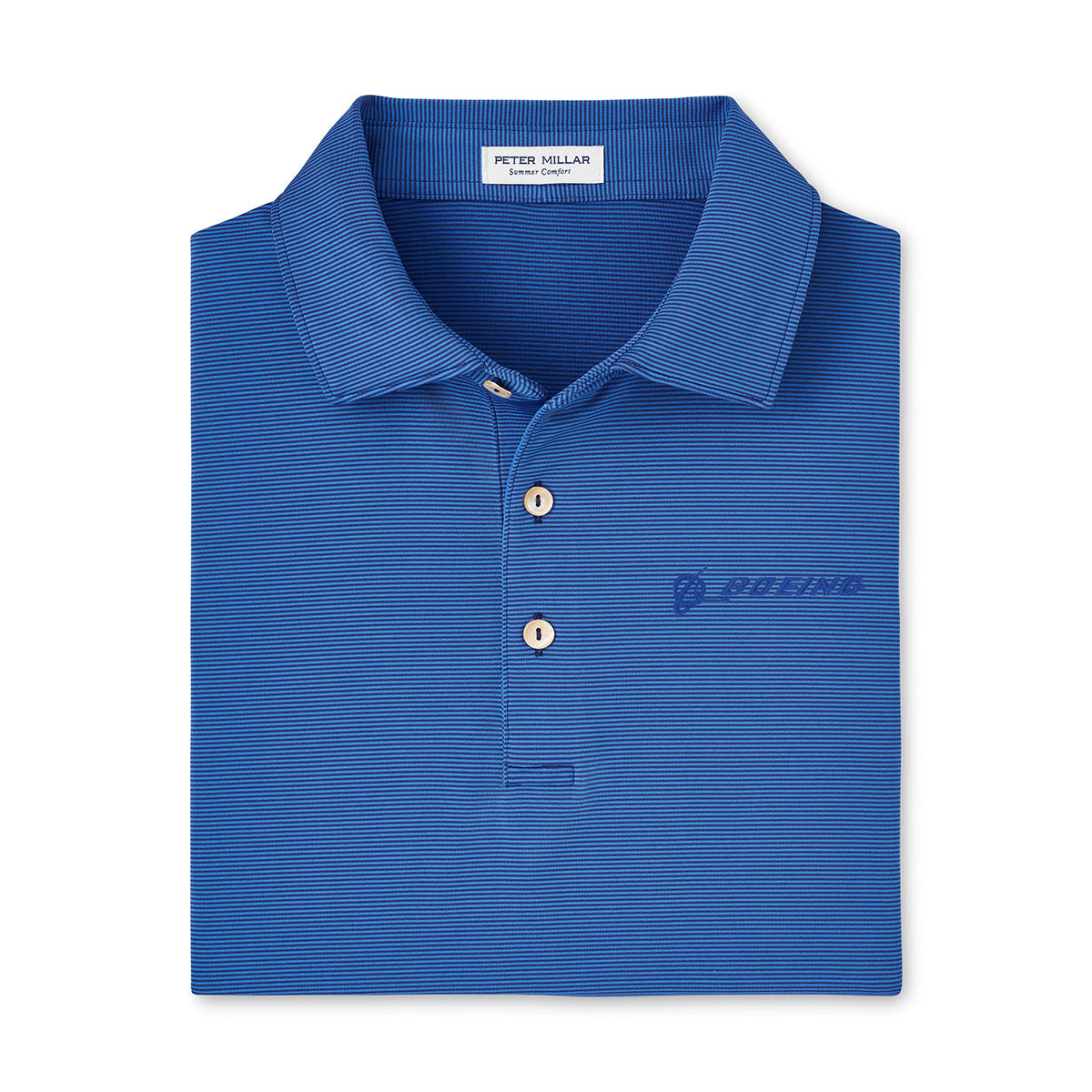 Product image of the polo in a sport navy color.  Folded in a square shape.  Features 3 buttons with a blue Boeing signature logo on left chest. 