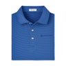 Product image of the polo in a sport navy color.  Folded in a square shape.  Features 3 buttons with a blue Boeing signature logo on left chest. 