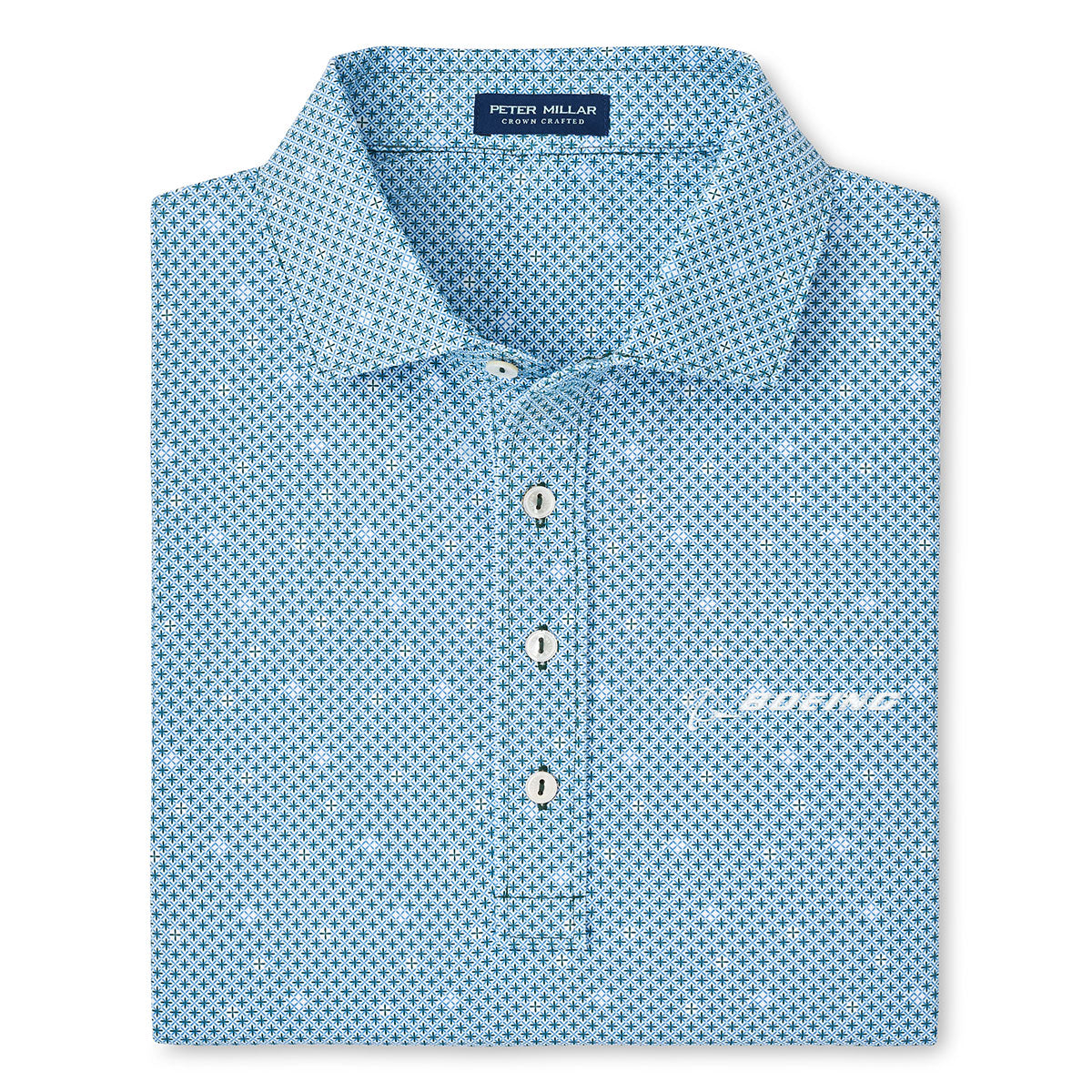 Product image of the polo in lacinato blue color. Polo is folded into a square shape.  Features 4 placket buttons.  White Boeing logo on left chest.