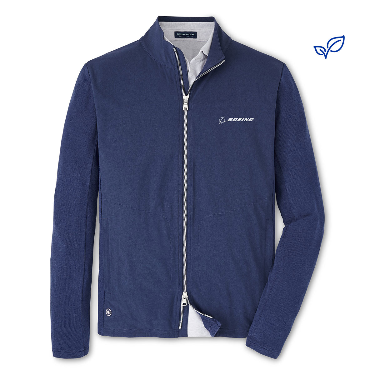 Full product image of the full zip in navy color.  Features a 2 way zipper.  White Boeing logo on left chest.  White Peter Millar logo on lower right hip area.