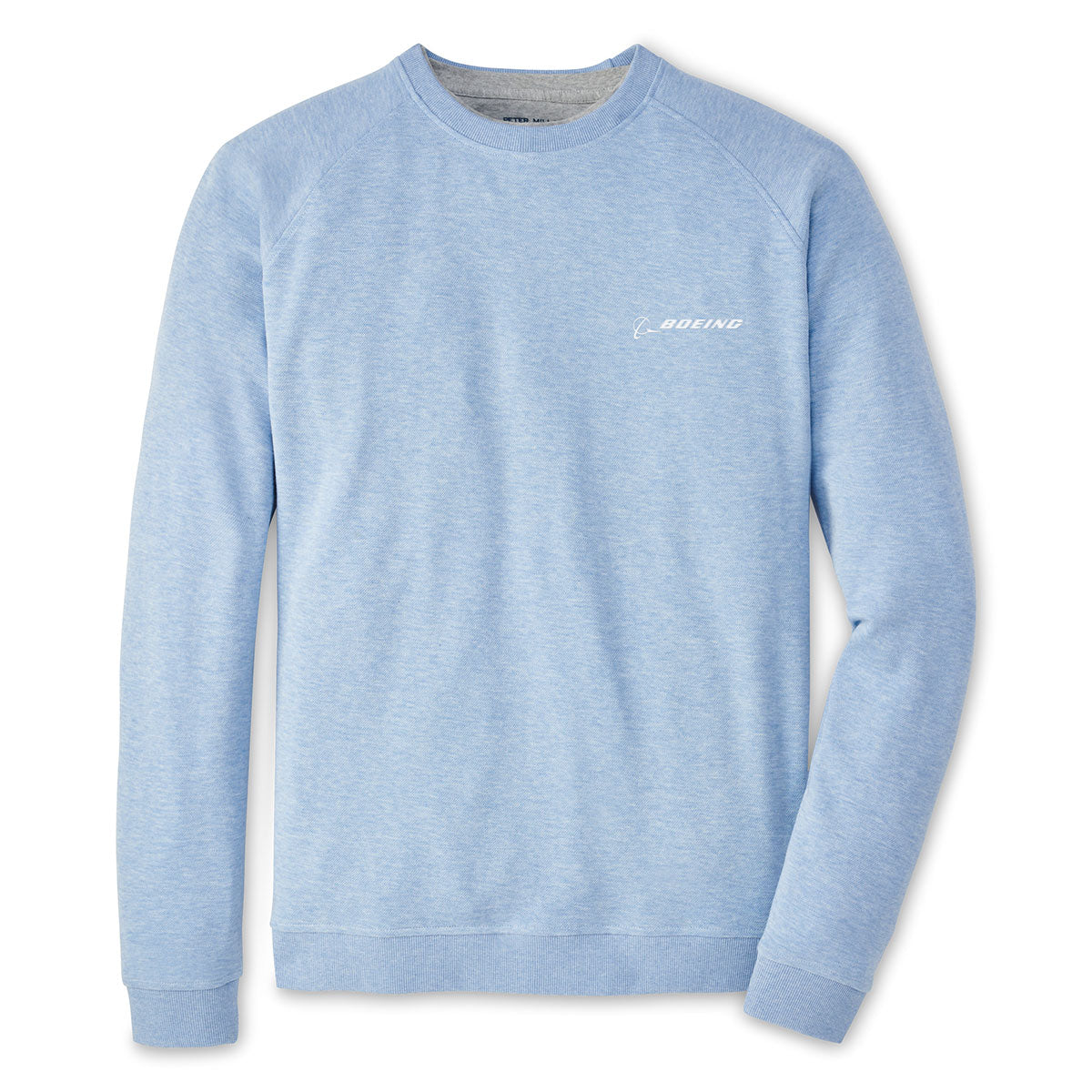 Full product image of the sweatshirt in cottage blue color.  White Boeing logo on left chest.