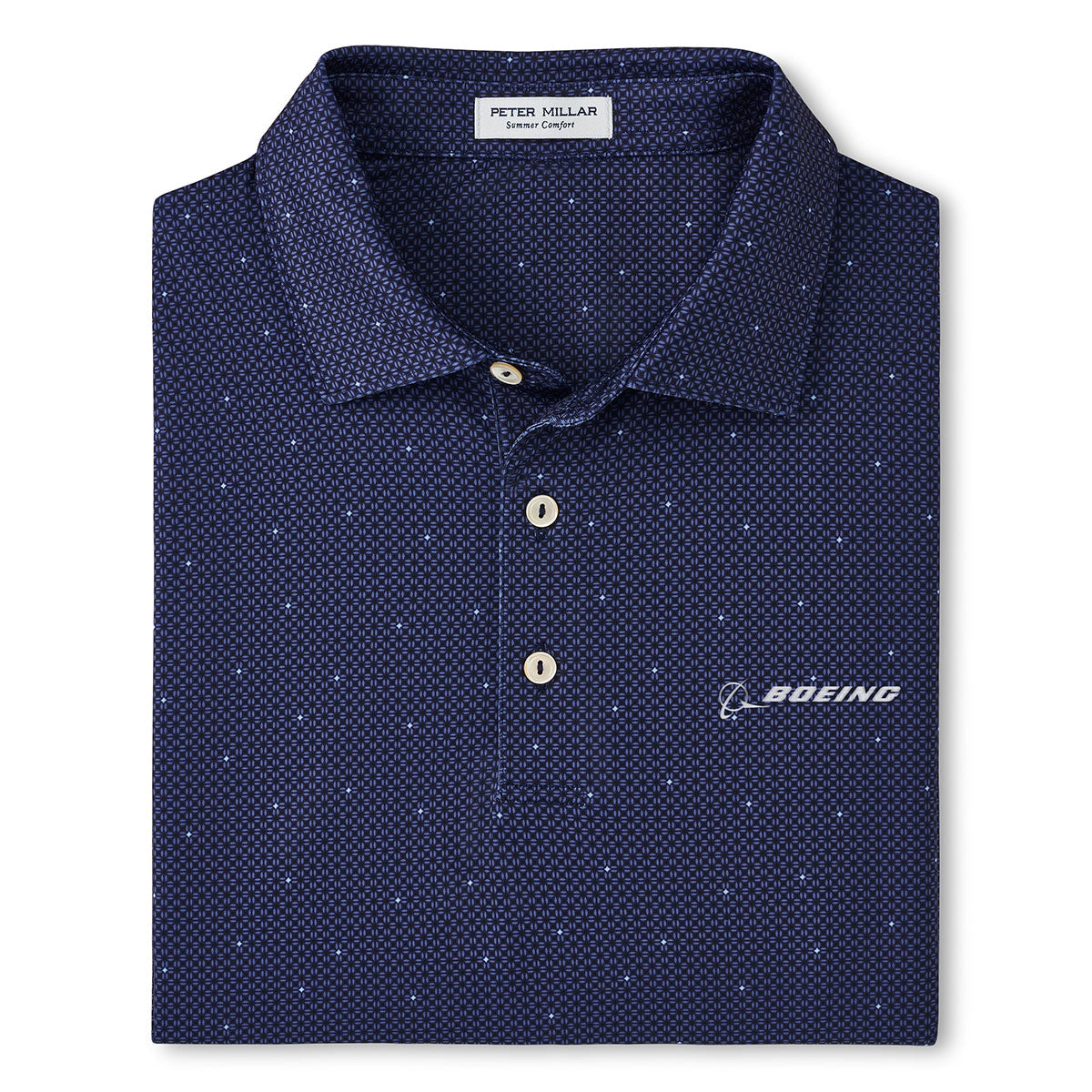 Product image of the polo into a square shape.  Polo is in navy color.  Features 3 placket buttons.  White Boeing logo on left chest.