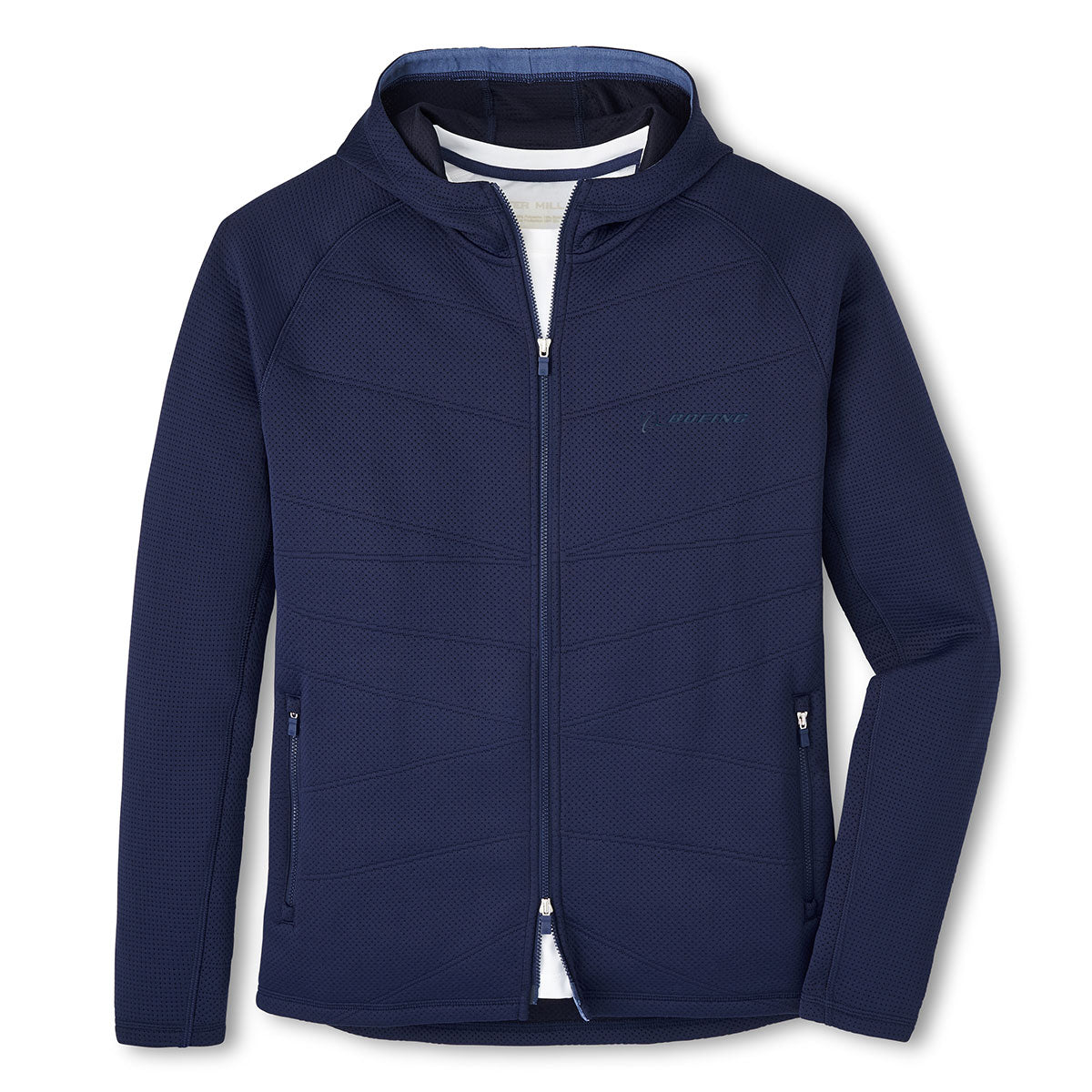 Full product image of the hoodie in navy color.  Features 2 way zipper and 2 side pockets.  Navy Boeing logo on left chest.