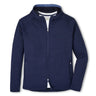 Full product image of the hoodie in navy color.  Features 2 way zipper and 2 side pockets.  Navy Boeing logo on left chest.