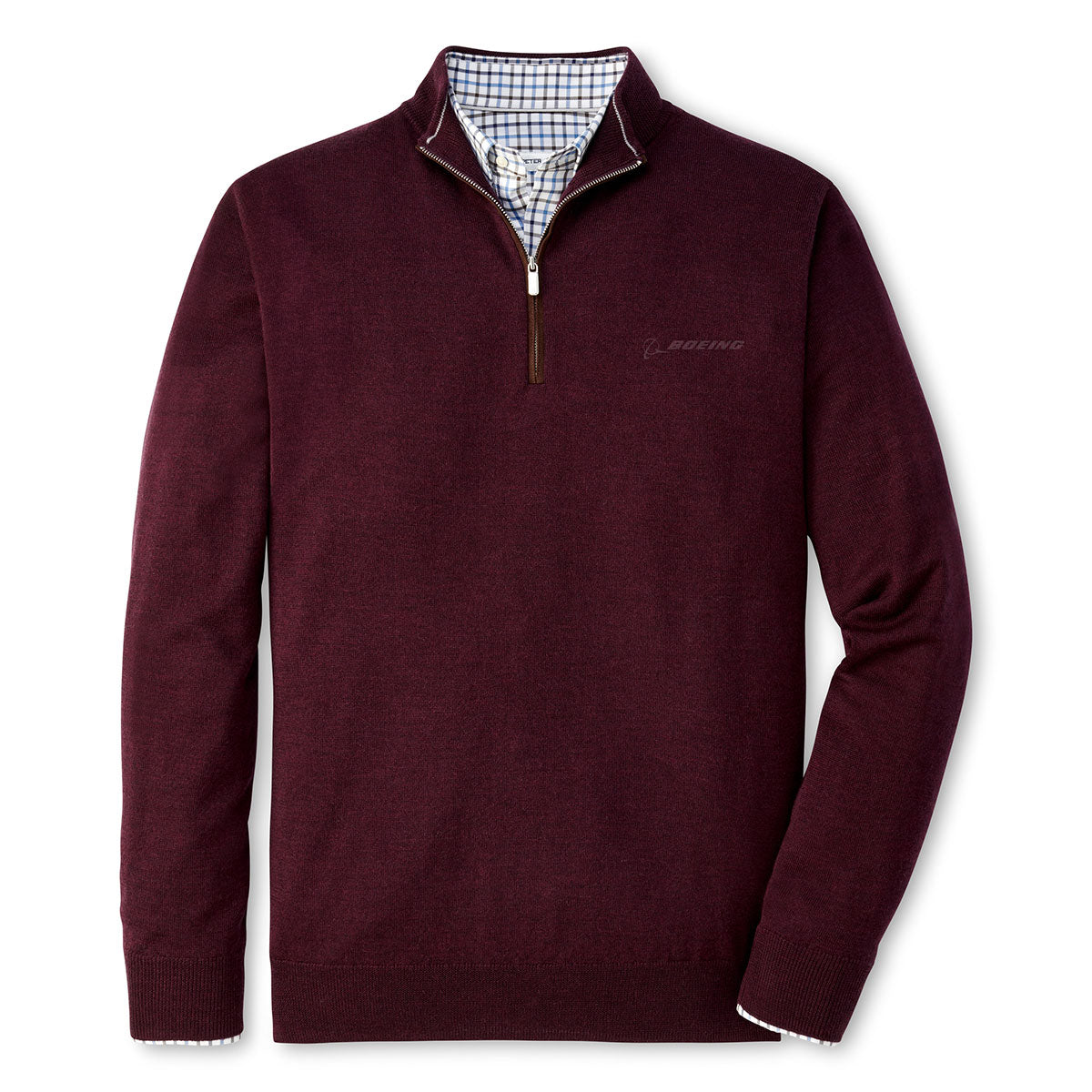 Full product image of the quarter-zip in winterberry color. Winterberry Boeing logo on left chest.