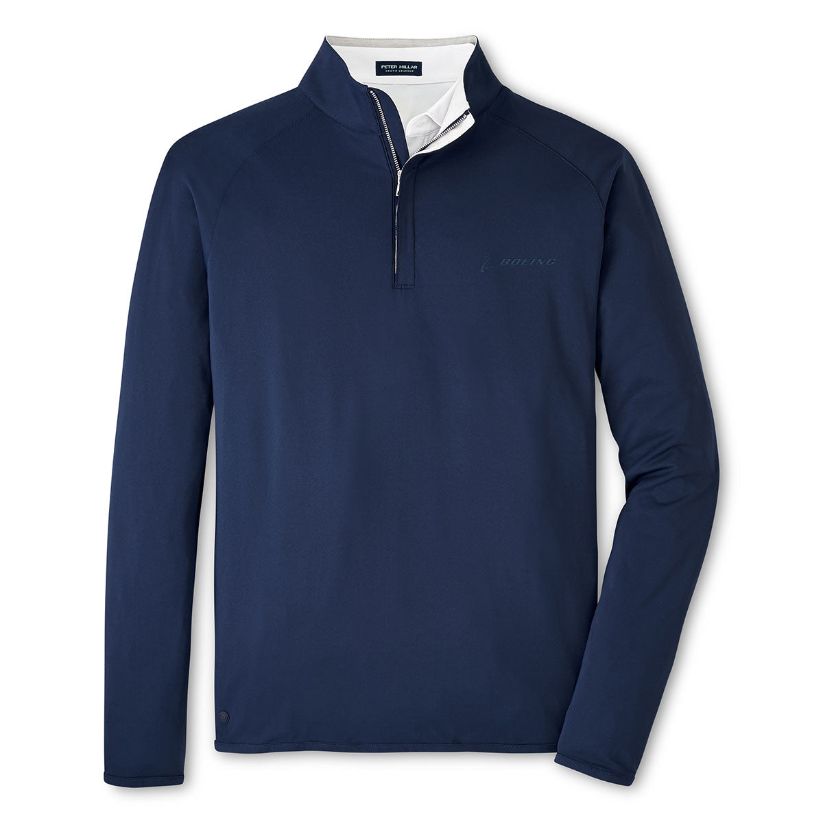 Full product image of the quarter-zip in navy color.  Navy Boeing logo on left chest.