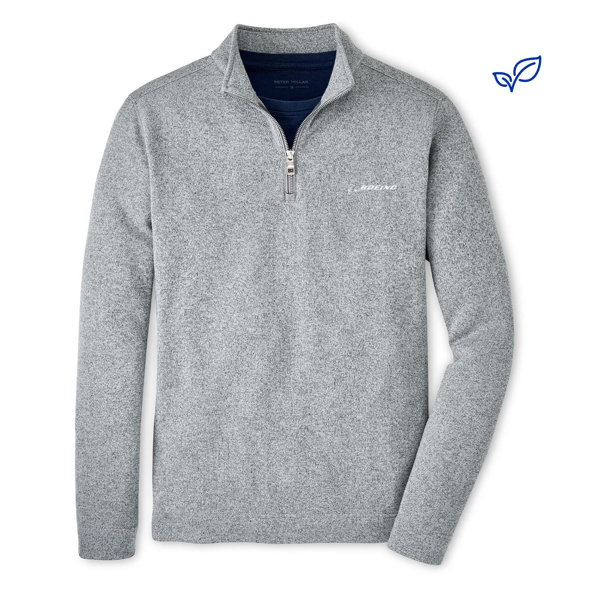 Full product image of the pullover sweater in grey color. White Boeing logo on left chest.