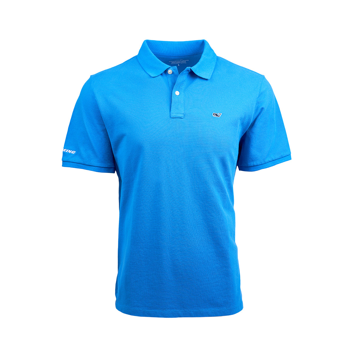 Full product image of the polo in a tide blue color.  Vineyard vine logo on left chest.  White Boeing signature logo on right sleeve. 