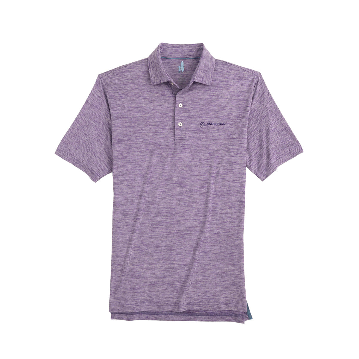 Full product image of the polo in purple color.  Purple Boeing signature logo on left chest.  Featuring 3 buttons. 