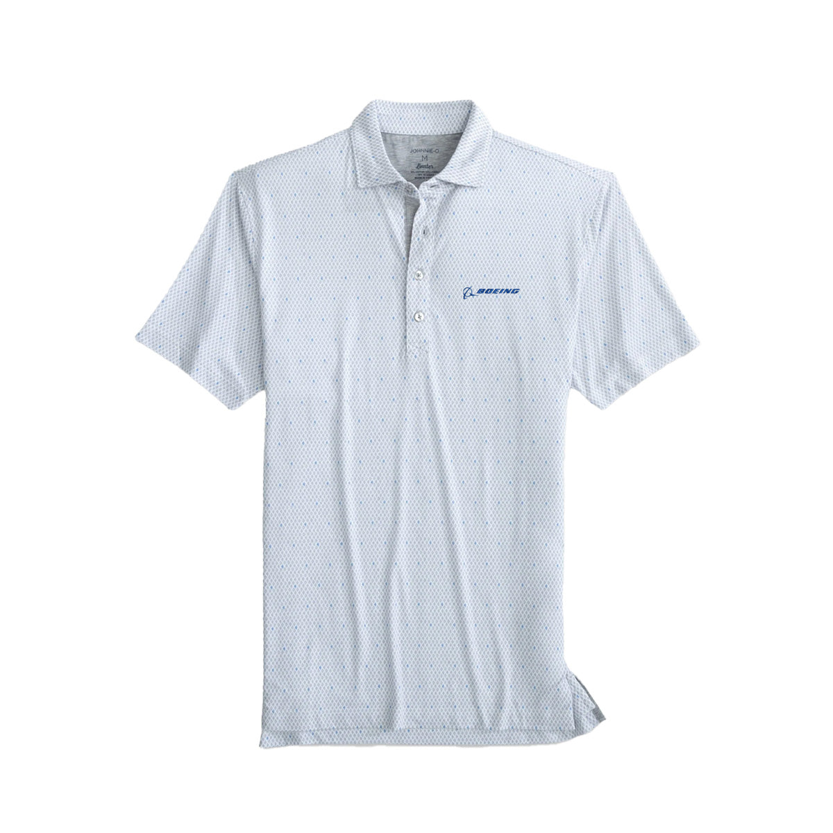 Full product image of the polo in white color with blue dots all over.  Blue Boeing signature logo on left chest.  Featuring 4 buttons.