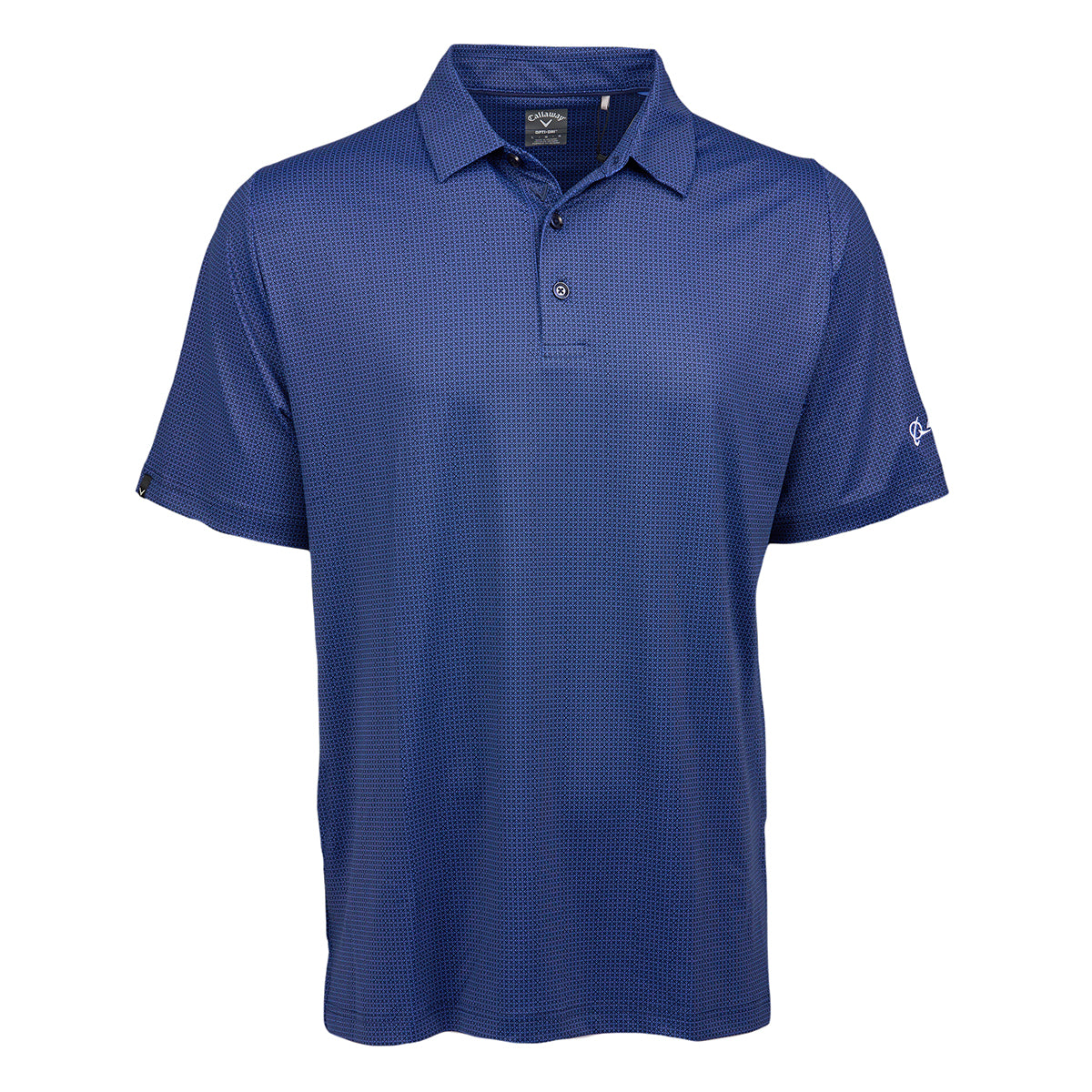 Full product image of polo in navy color. Features 3 buttons.  