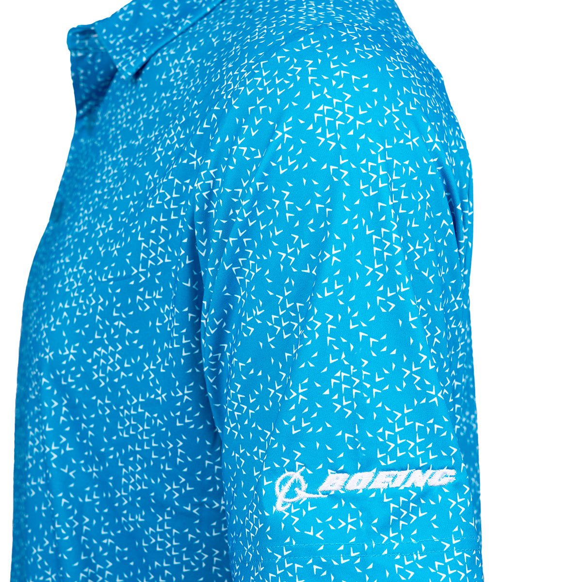 Close up image of Boeing logo embroidered on left sleeve.