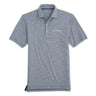 Product image of the polo in a heather twilight color.  3 buttons, white Boeing logo on left chest.