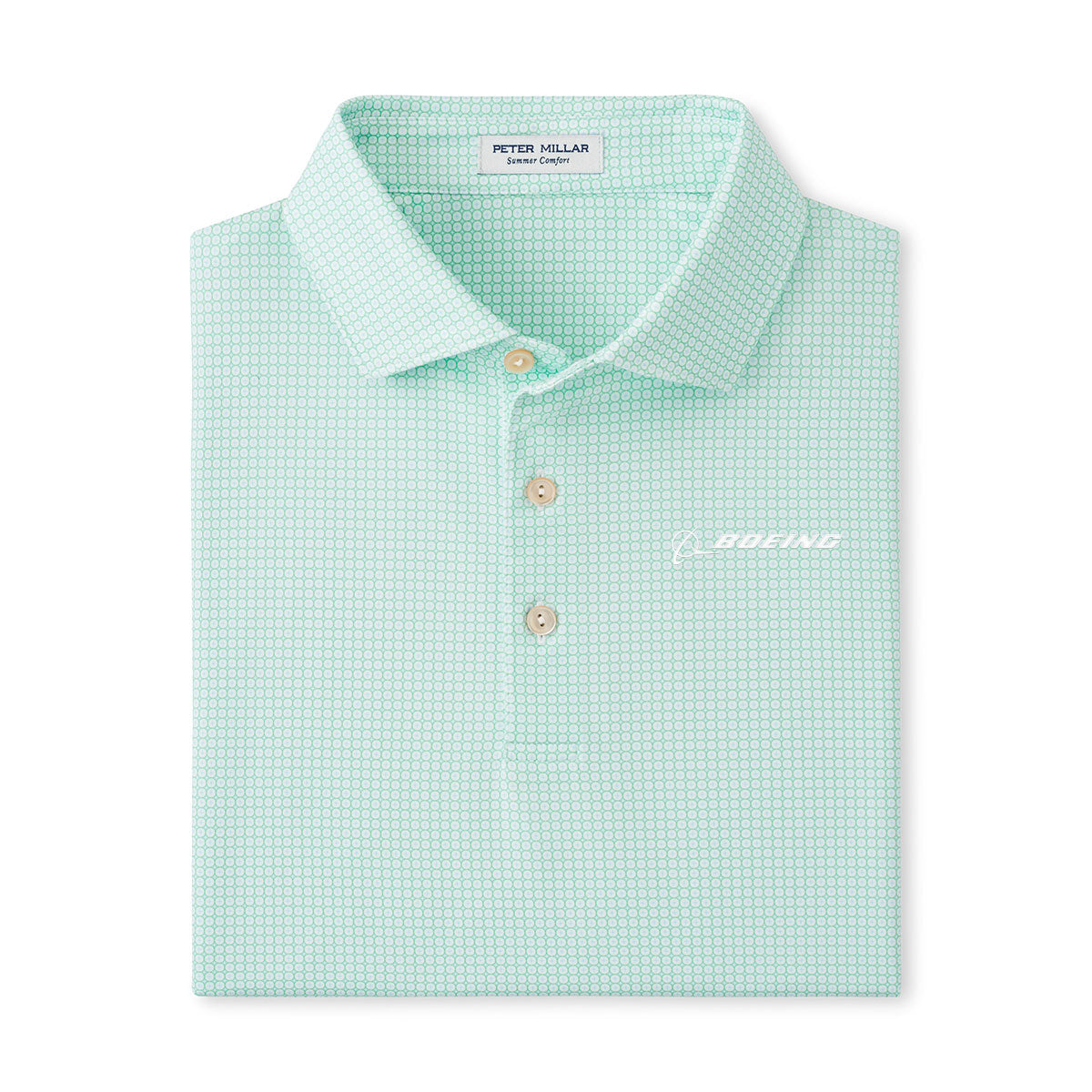 Polo folded in a square shape.  3 button placket.  White Boeing logo on left chest