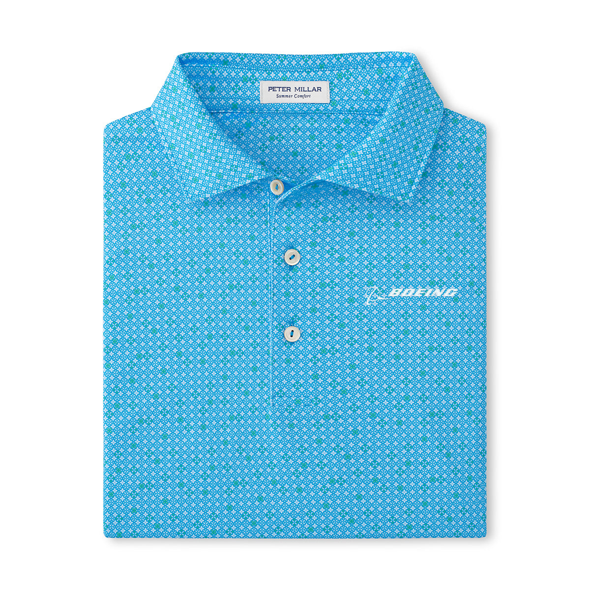 Polo in riverbed blue folded in a square shaped.  4 button placket.  White Boeing logo on left chest. 