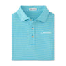 striped polo in riverbed blue folded in a square shape.  3 button placket.  White Boeing logo on left chest