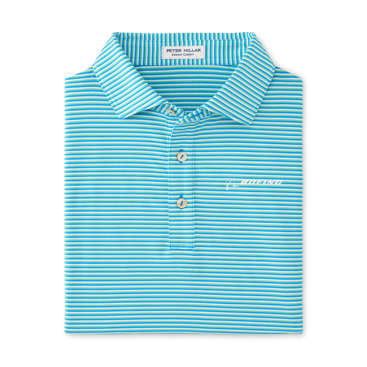 striped polo in riverbed blue folded in a square shape.  3 button placket.  White Boeing logo on left chest