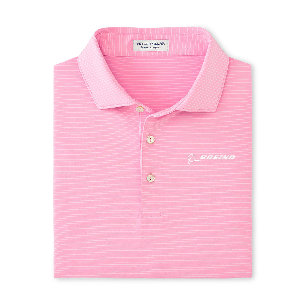 Folded pink striped polo shirt with a collar, three buttons, and a small Boeing logo on the chest. The label reads "Peter Millar Summer Comfort."