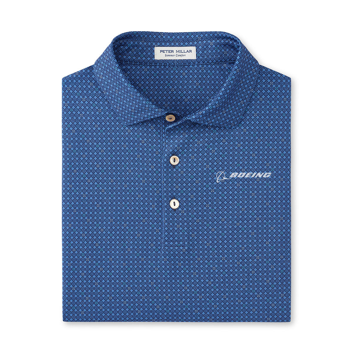 Blue patterned polo shirt with a folded collar, featuring the Boeing logo on the chest. The shirt has three beige buttons and a casual style.