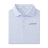 Folded light blue collared shirt with white leaf pattern, featuring blue "Boeing" logo on the left side. Three beige buttons. Brand label reads "Peter Millar."