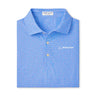 Blue collared shirt with a small circular pattern, featuring a logo on the chest. The tone is professional and casual, ideal for business-casual settings.