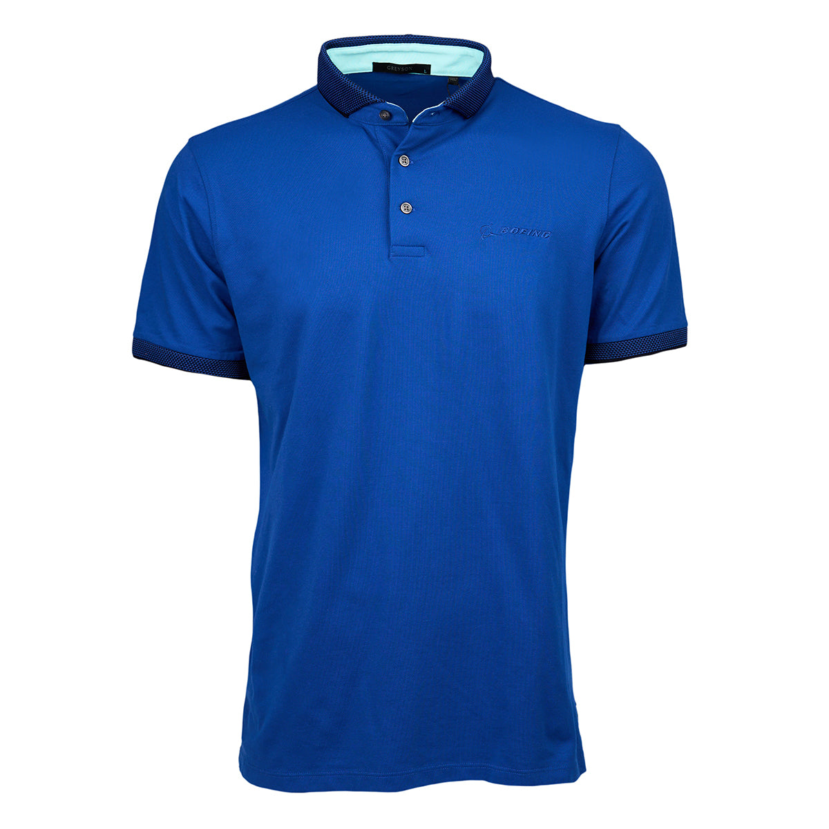 Blue polo shirt with short sleeves and a button-up collar. The collar and sleeve edges have dark trim. It has a casual, sporty appearance.