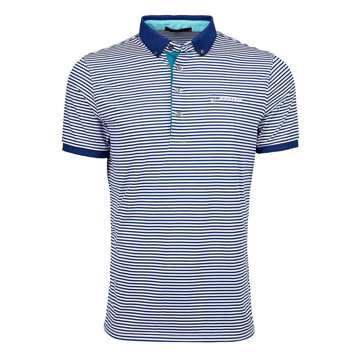 Blue and white striped polo shirt with a contrasting navy collar and sleeve cuffs. The buttoned placket features a hint of turquoise inside.