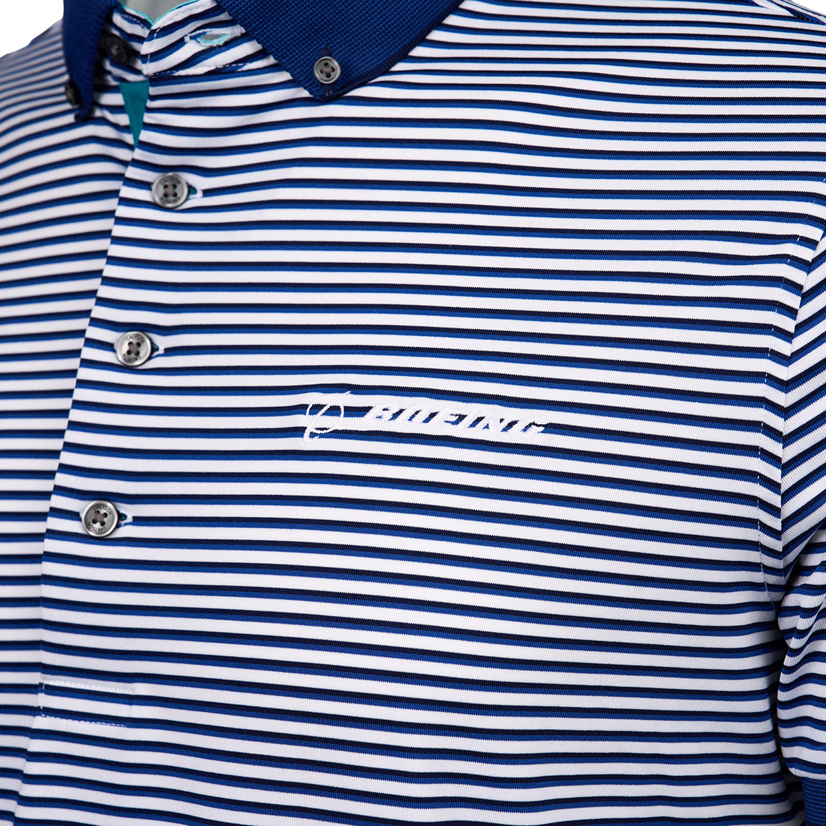 Striped polo shirt in navy blue and white, featuring a dark blue collar and five buttons. A small white Boeing logo is embroidered on the chest.