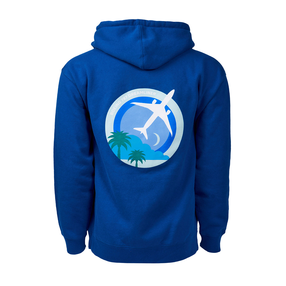 Full product image of the back side of the hooded sweatshirt in a royal blue color.  Showing the Skyward graphic of the Boeing 787 Dreamliner.