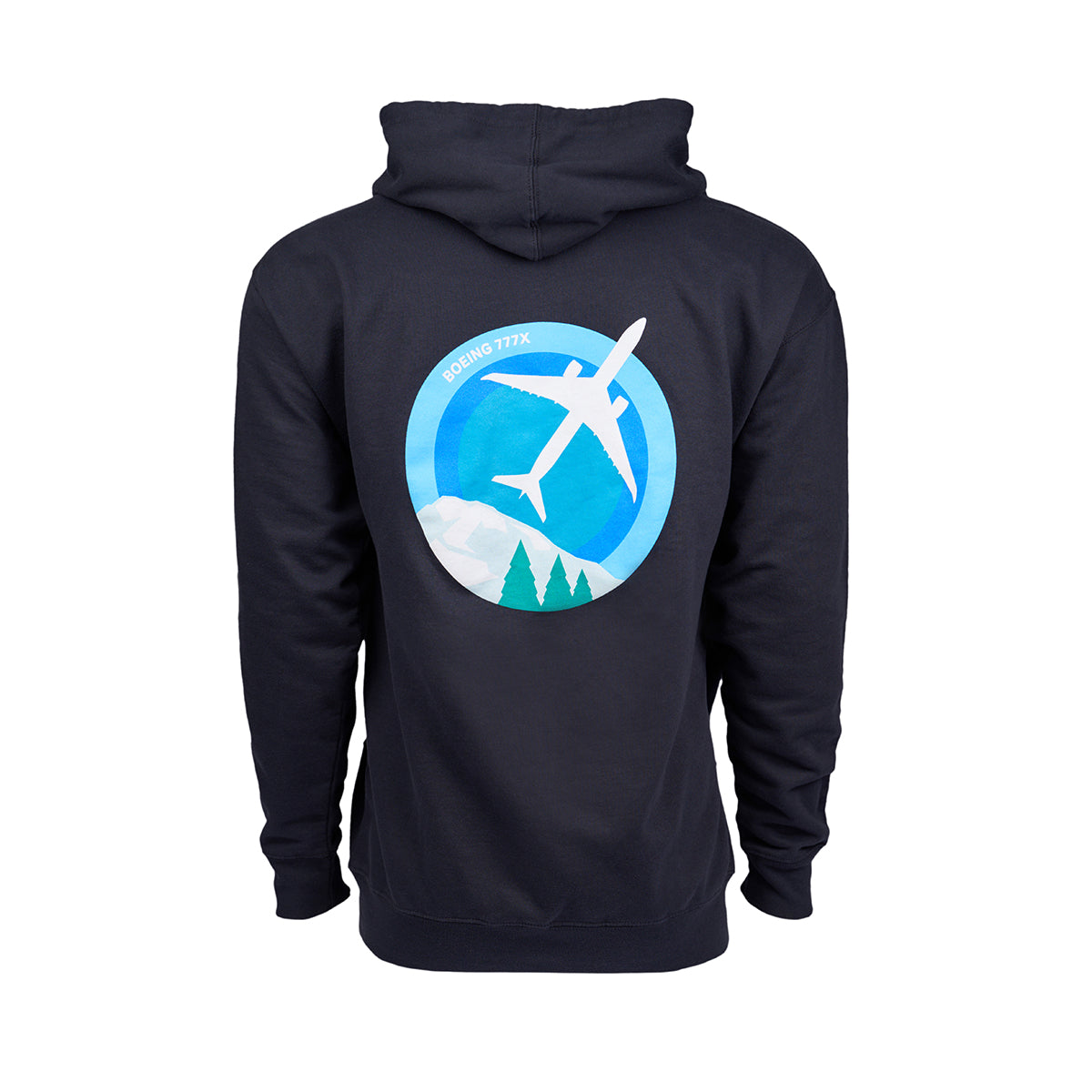 Full product image of the back side of the hooded sweatshirt in a navy blue color.  Showing the Skyward graphic of the Boeing 777X.