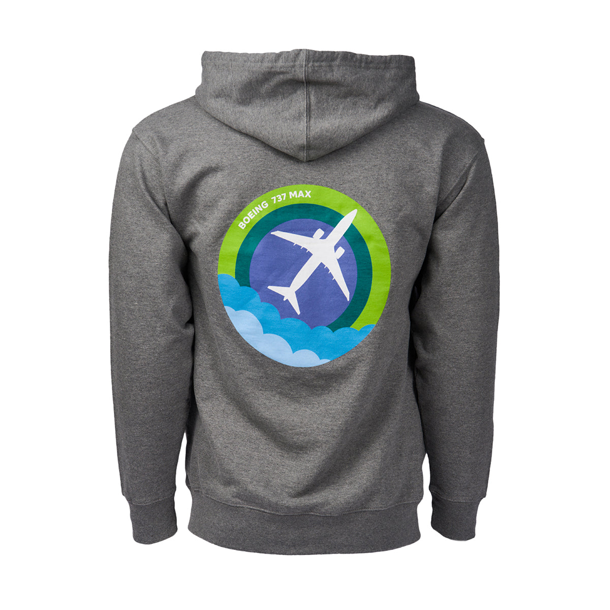 Full product image of the back side of the hooded sweatshirt in a grey color.  Showing the Skyward graphic of the Boeing 737 MAX.