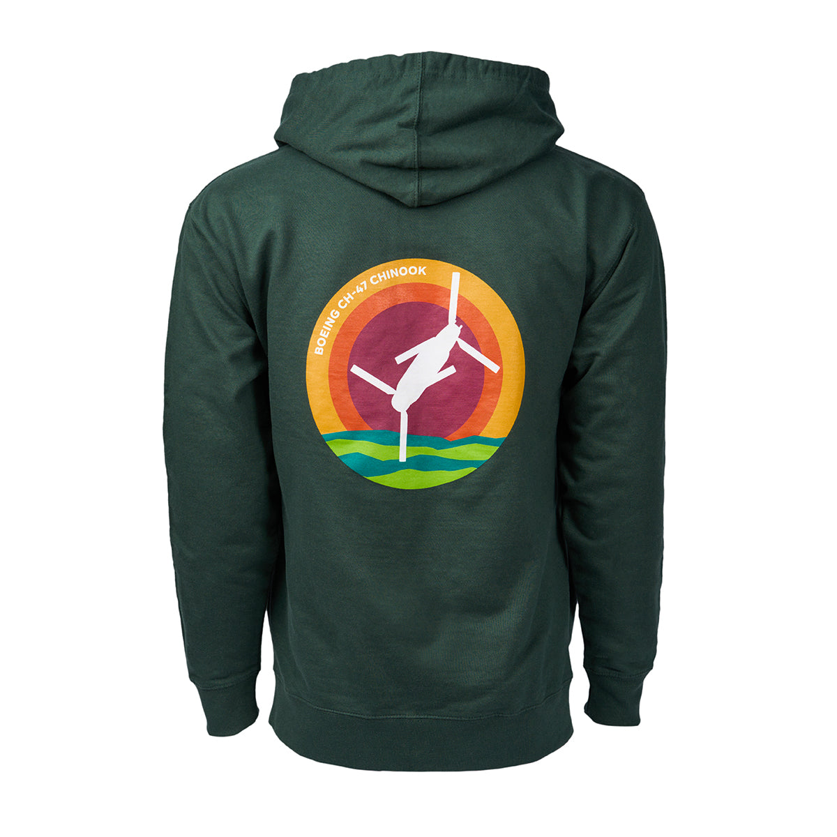 Full product image of the back side of the hooded sweatshirt in a dark green color.  Showing the Skyward graphic of the Boeing CH-47 Chinook.