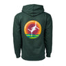 Full product image of the back side of the hooded sweatshirt in a dark green color.  Showing the Skyward graphic of the Boeing CH-47 Chinook.