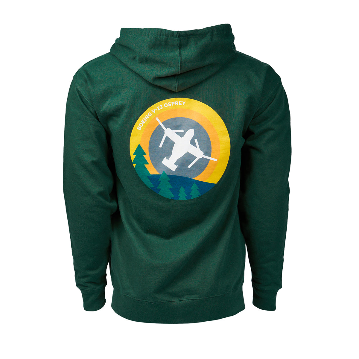Full product image of the back side of the hooded sweatshirt in an alpine green color.  Showing the Skyward graphic of the Boeing V-22 Osprey.