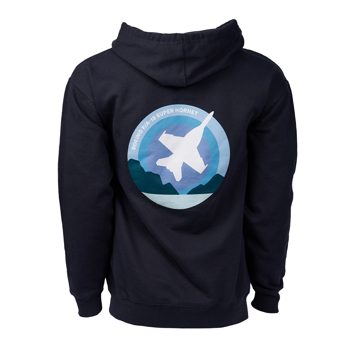 Full product image of the back side of the hooded sweatshirt in a navy blue color.  Showing the Skyward graphic of the Boeing F/A-18 Super Hornet.