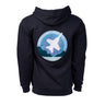 Full product image of the back side of the hooded sweatshirt in a navy blue color.  Showing the Skyward graphic of the Boeing F/A-18 Super Hornet.